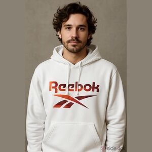 REEBOK Stark White Camo Logo Fleece Long Sleeve Hoodie, Size Medium.